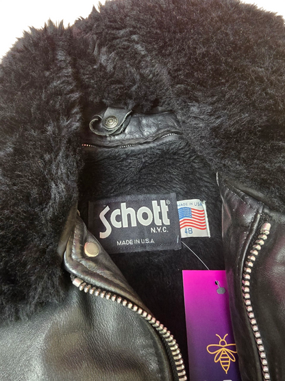 Schott Black Leather A-2 Sheepskin Aviator Bomber Jacket - Large