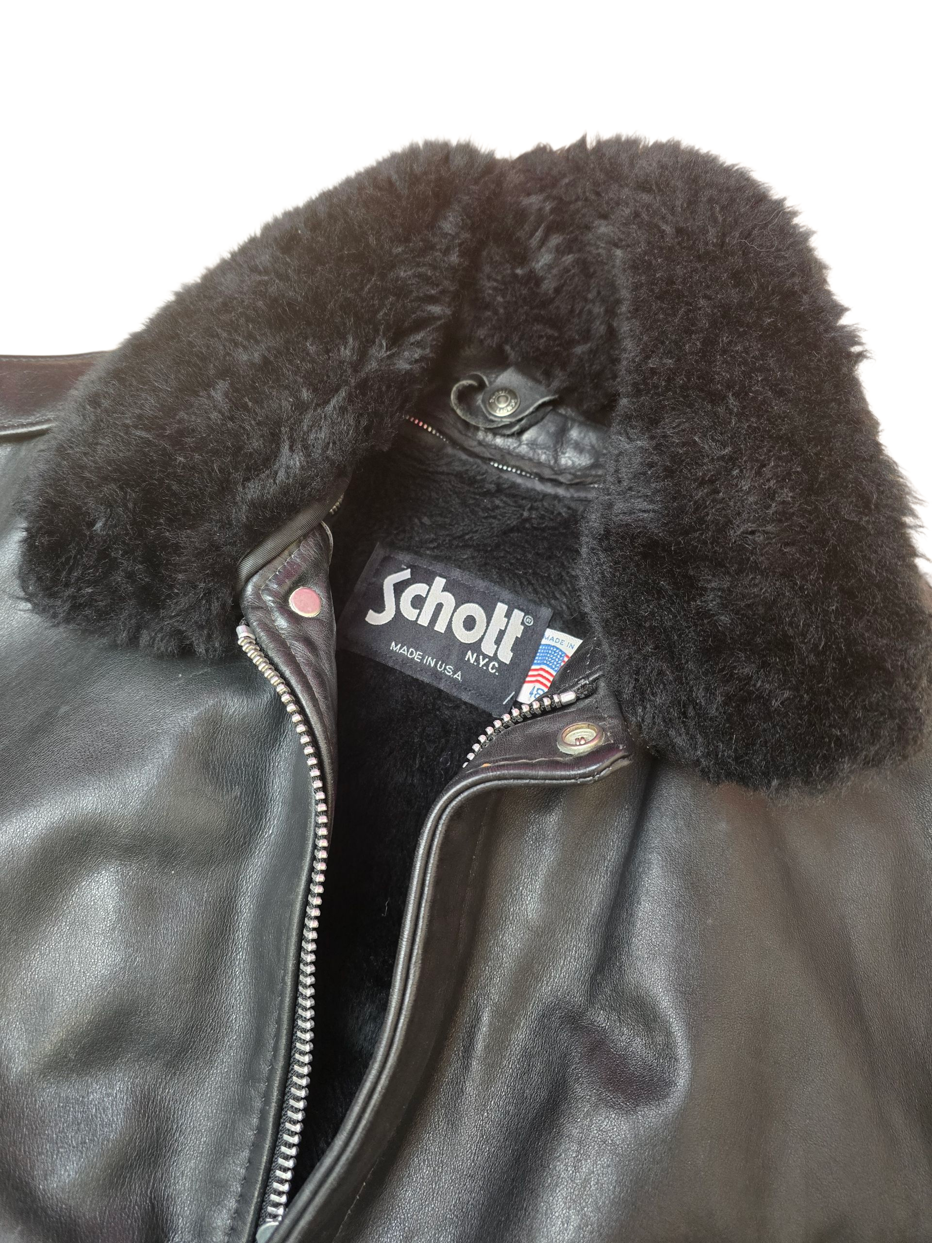 Schott Black Leather A-2 Sheepskin Aviator Bomber Jacket - Large