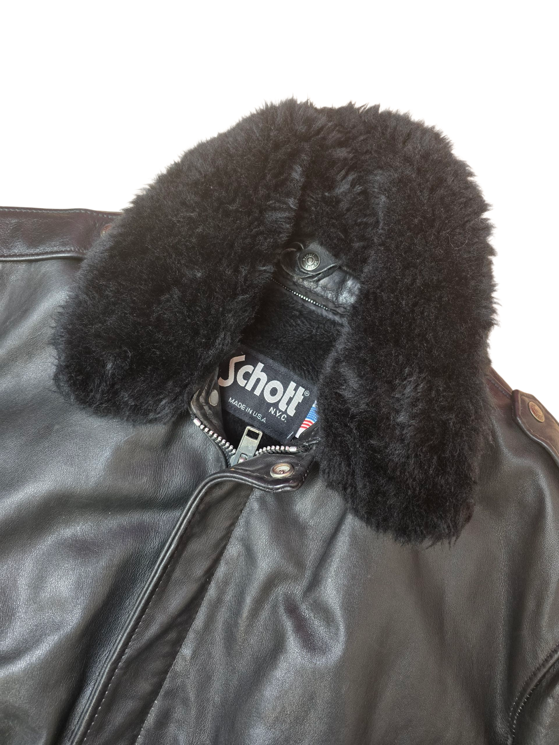 Schott Black Leather A-2 Sheepskin Aviator Bomber Jacket - Large