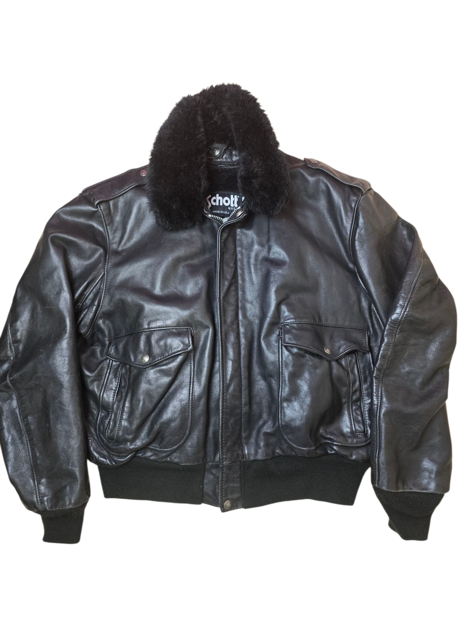 Schott Black Leather A-2 Sheepskin Aviator Bomber Jacket - Large