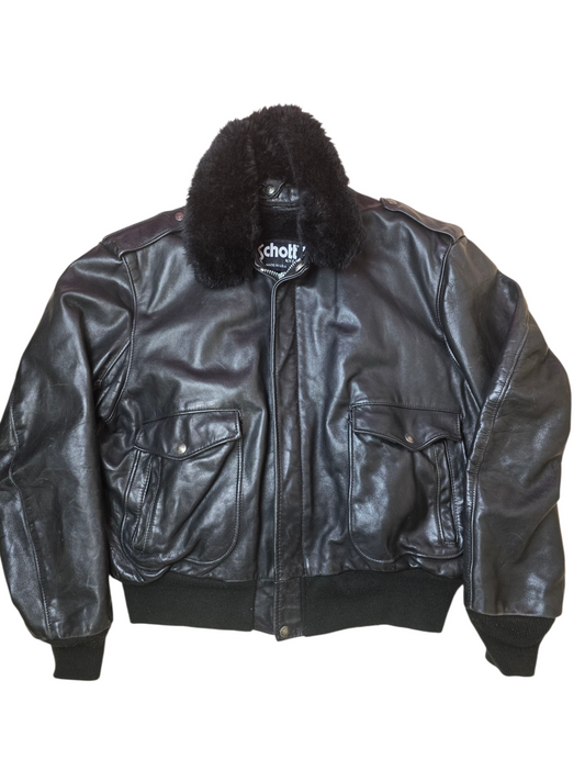 Schott Black Leather A-2 Sheepskin Aviator Bomber Jacket - Large